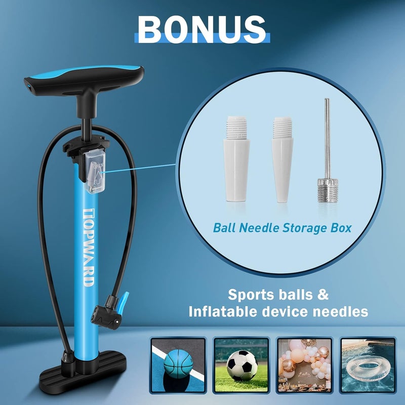 Topward Bicycle Tire Pump Portable, Hand Air Pump for Bike Exercise Balls Inflatables, Fits Presta & Schrader Valve, Bike Floor Pump with Ball Pump Needle for Soccer Volleyball Basketball Inflator - Image 2